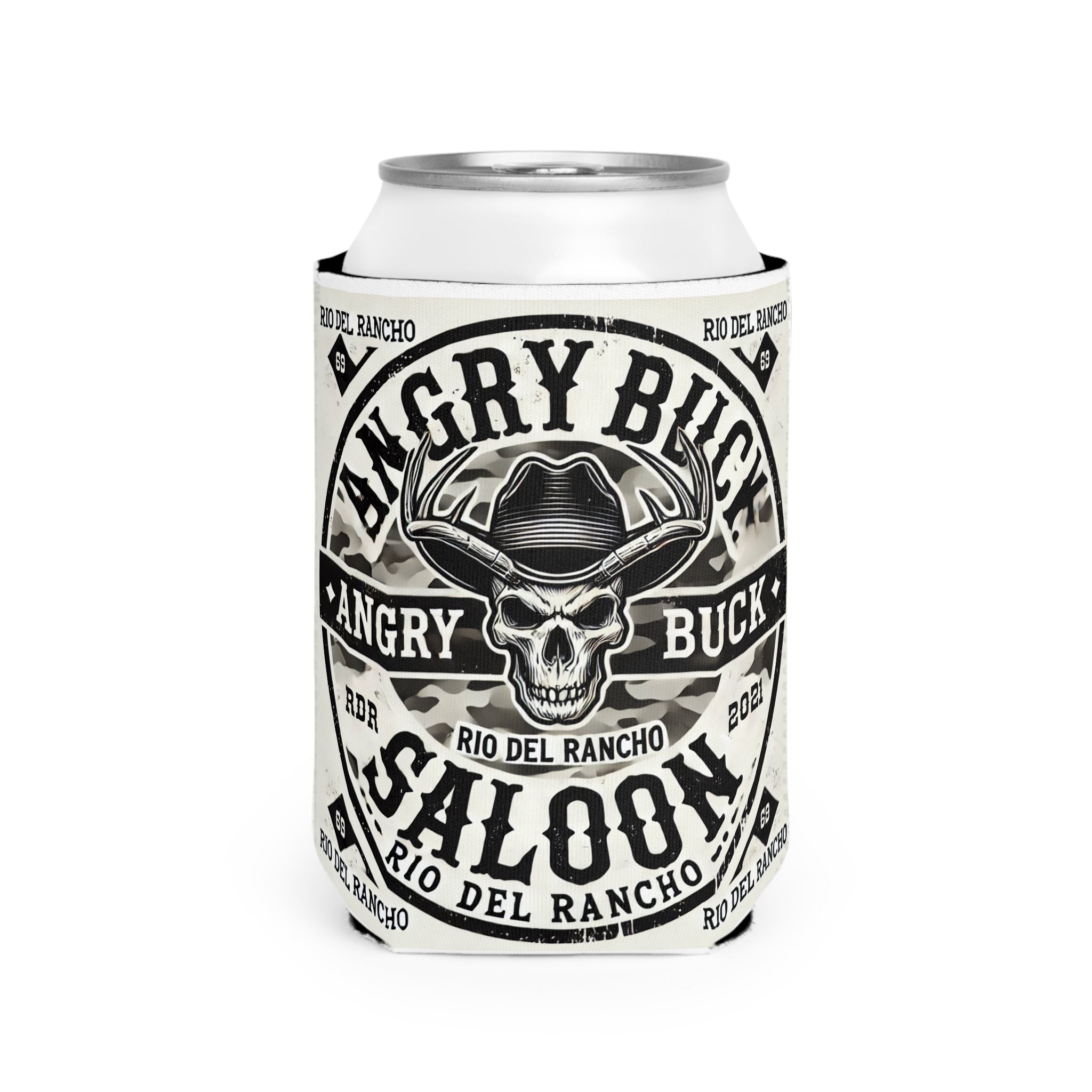 Custom Neoprene Can Cooler Sleeve with Rio Del Rancho & Angry Buck Saloon Logos – Fits 12 oz Cans, Slip-Resistant & Collapsible
