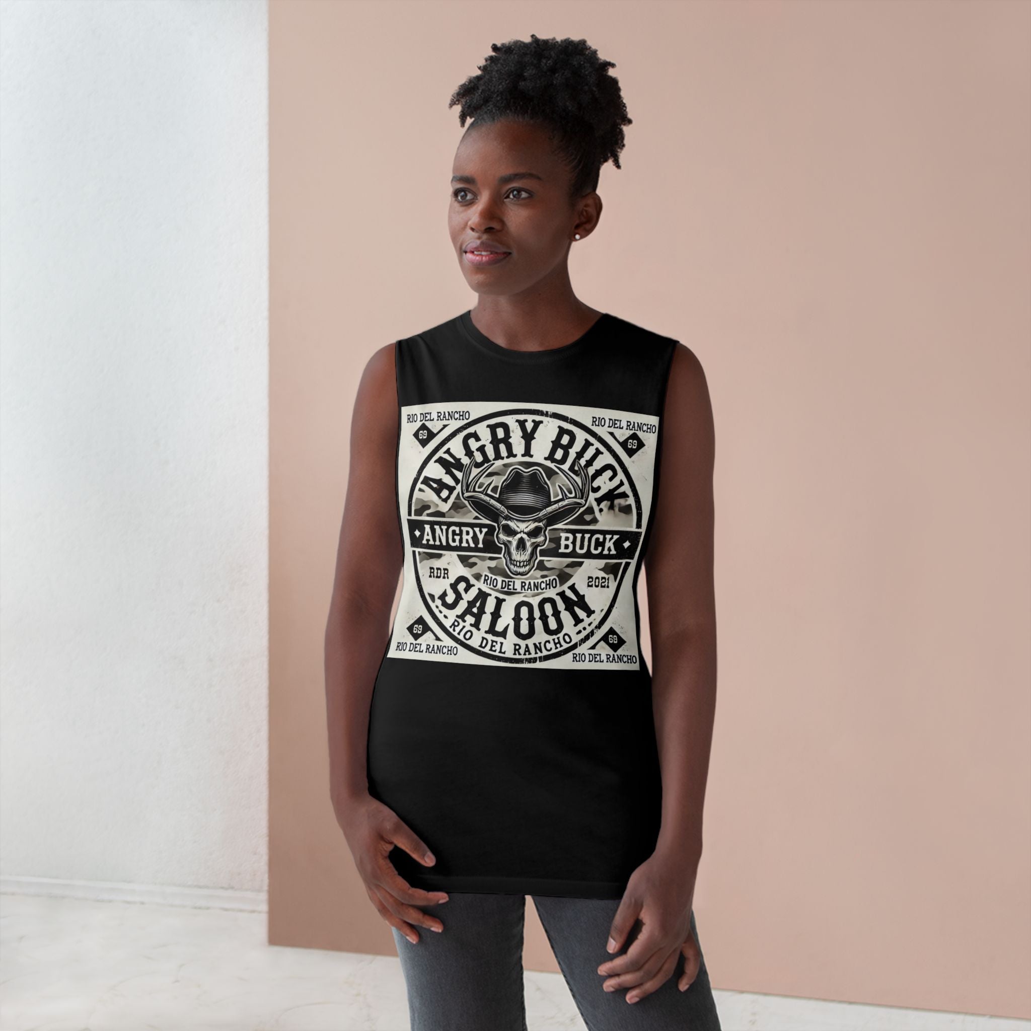 Rio Del Rancho - Angry Buck Saloon - Unisex Barnard Tank Top - 100% Combed Ringspun Cotton | Sizes - XS-3Xl