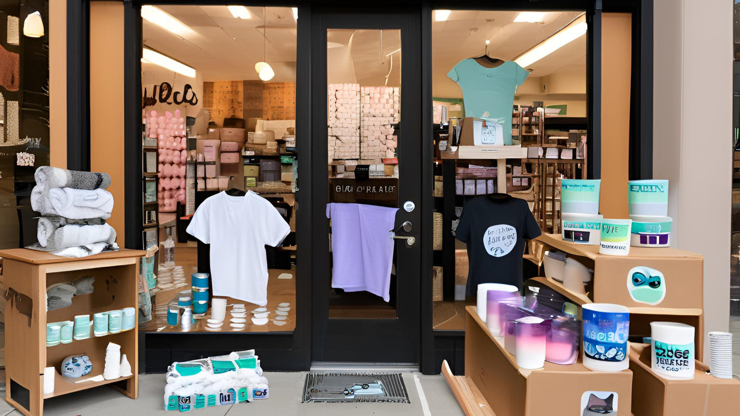 A store front displaying various meme products including t-shirts, mugs, candles, towels, and other merchandise. The display is colorful and inviting, showcasing a range of items neatly arranged both inside and outside the store.