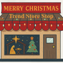 Illustrated storefront decorated for Christmas with red awning lights, nativity scene and Christmas tree in the window, and ‘Merry Christmas – Trend Store Stop’ sign.”