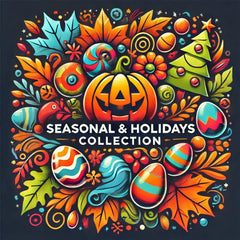 Collection features festive symbols like a Christmas tree, a smiling Halloween pumpkin, colorful Easter eggs, and autumn leaves. The text Seasonal & Holidays Collection is displayed in a bright, cheerful font, capturing the essence of various holidays.