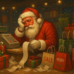 Humorous Christmas artwork of Santa Claus standing at a crowded store checkout surrounded by overflowing shopping bags and long receipts, looking tired but amused, symbolizing the over-commercialization of Christmas.