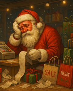 Humorous Christmas artwork of Santa Claus standing at a crowded store checkout surrounded by overflowing shopping bags and long receipts, looking tired but amused, symbolizing the over-commercialization of Christmas.