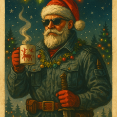 Santa Claus in a military jacket and Christmas hat holding a steaming mug and knife under festive lights, symbolizing strength, service, and the warrior spirit of Christmas.
