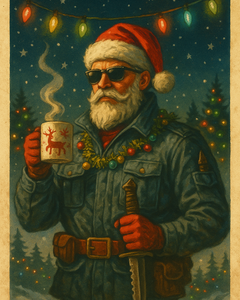 Santa Claus in a military jacket and Christmas hat holding a steaming mug and knife under festive lights, symbolizing strength, service, and the warrior spirit of Christmas.