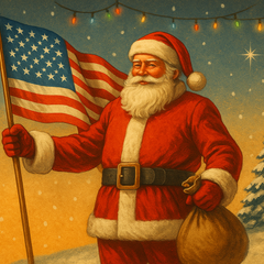 Vintage-style Christmas artwork showing Santa Claus proudly holding an American flag in falling snow, glowing warm light around him, symbolizing faith, freedom, and the true spirit of Christmas.