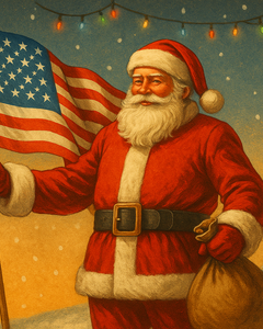 Vintage-style Christmas artwork showing Santa Claus proudly holding an American flag in falling snow, glowing warm light around him, symbolizing faith, freedom, and the true spirit of Christmas.