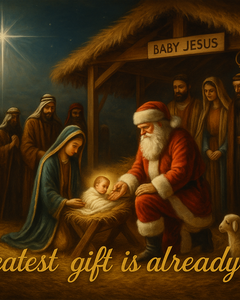 Vintage-style Christmas artwork of Santa Claus kneeling beside the manger as Mary watches over baby Jesus, warm golden light glowing from the manger, symbolizing faith and reverence.