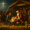 Vintage-style Christmas artwork of Santa Claus kneeling beside the manger as Mary watches over baby Jesus, warm golden light glowing from the manger, symbolizing faith and reverence.