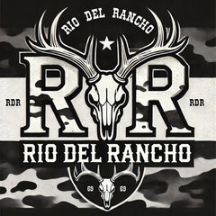 Logo of Rio Del Rancho featuring stylized antlers and a skull design with the initials "RDR." The logo is set against a camouflage background and includes the text "Rio Del Rancho" prominently displayed in bold, western-style lettering.