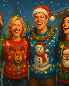 Group of cheerful people wearing over-the-top Christmas sweatshirts decorated with lights, ornaments, and tinsel, laughing together in a cozy festive room with warm lighting