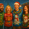 Group of cheerful people wearing over-the-top Christmas sweatshirts decorated with lights, ornaments, and tinsel, laughing together in a cozy festive room with warm lighting