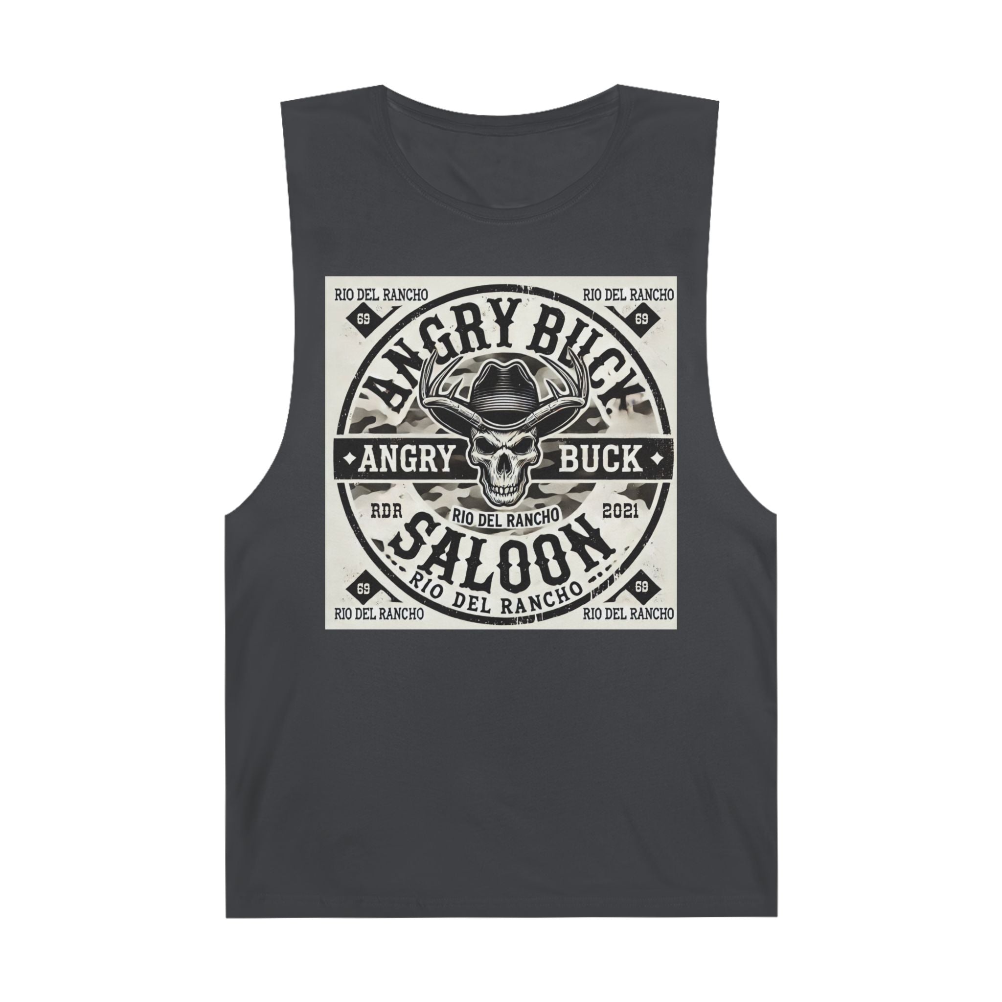 Rio Del Rancho - Angry Buck Saloon - Unisex Barnard Tank Top - 100% Combed Ringspun Cotton | Sizes - XS-3Xl