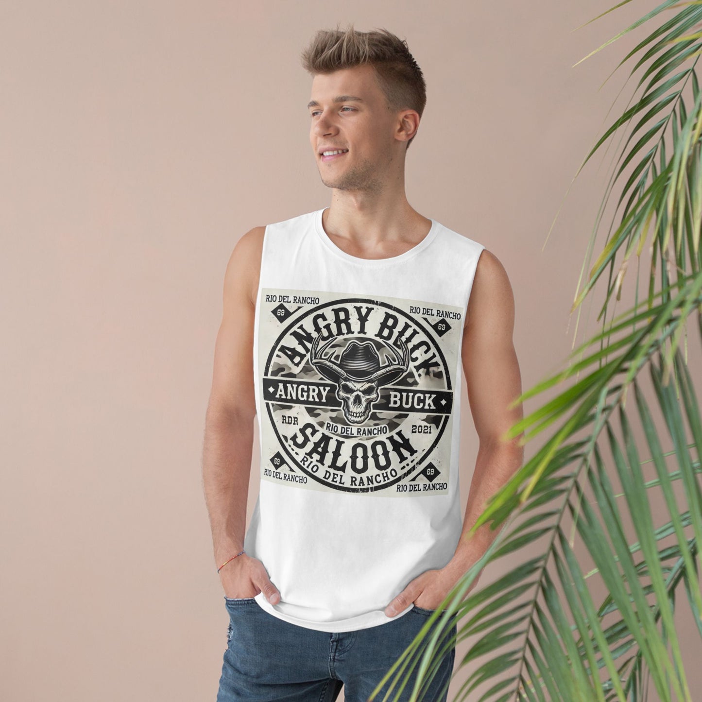 Rio Del Rancho - Angry Buck Saloon - Unisex Barnard Tank Top - 100% Combed Ringspun Cotton | Sizes - XS-3Xl