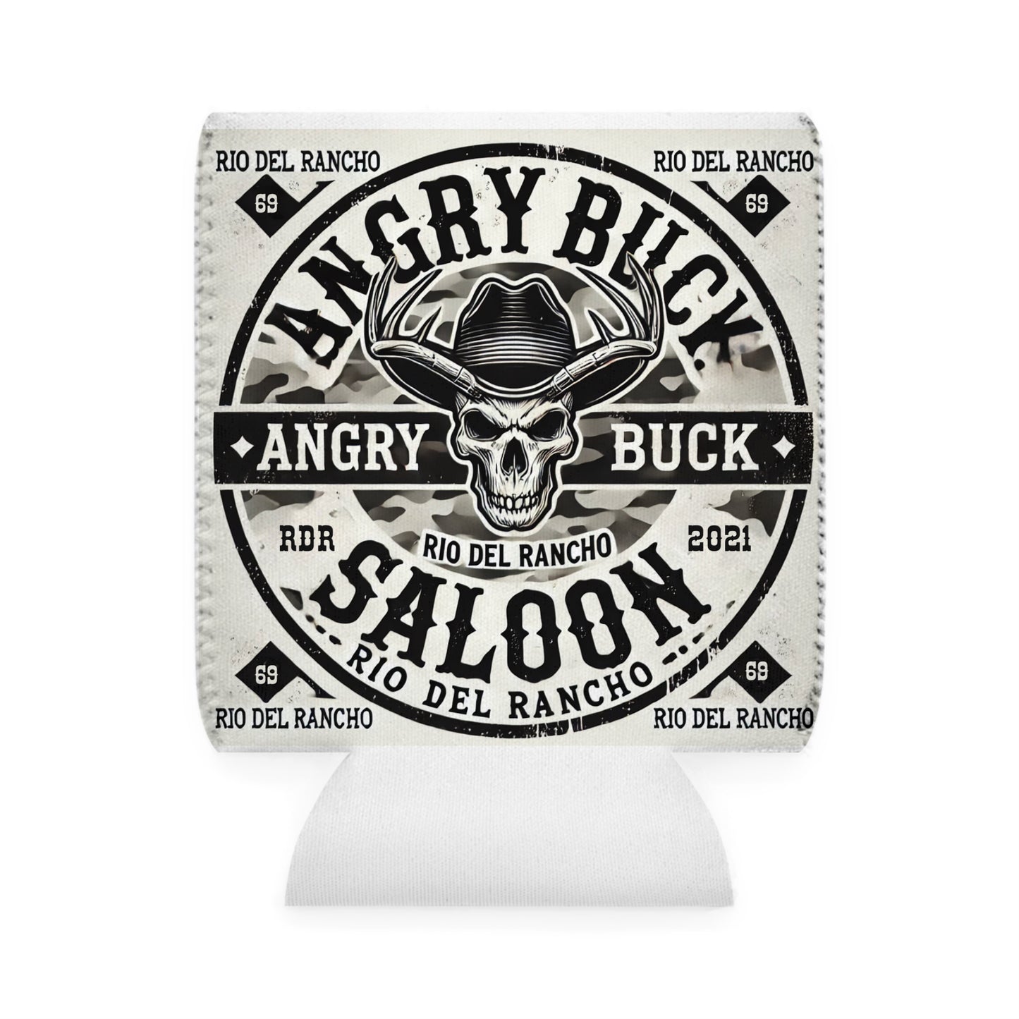 Custom Neoprene Can Cooler Sleeve with Rio Del Rancho & Angry Buck Saloon Logos – Fits 12 oz Cans, Slip-Resistant & Collapsible