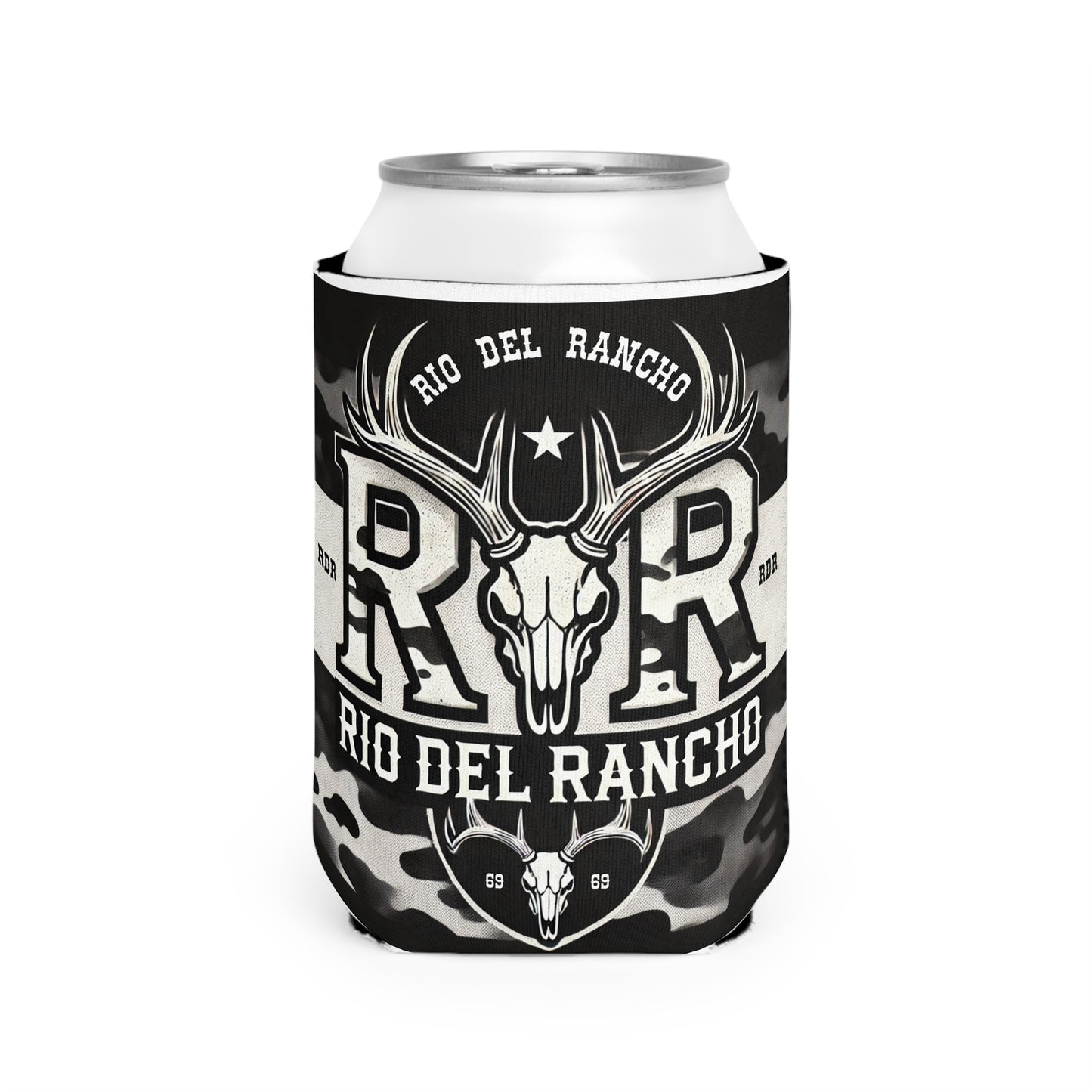 Custom Neoprene Can Cooler Sleeve with Rio Del Rancho & Angry Buck Saloon Logos – Fits 12 oz Cans, Slip-Resistant & Collapsible