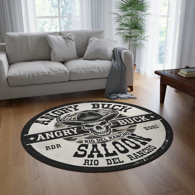 Angry Buck Saloon at Rio Del Rancho Round Rug